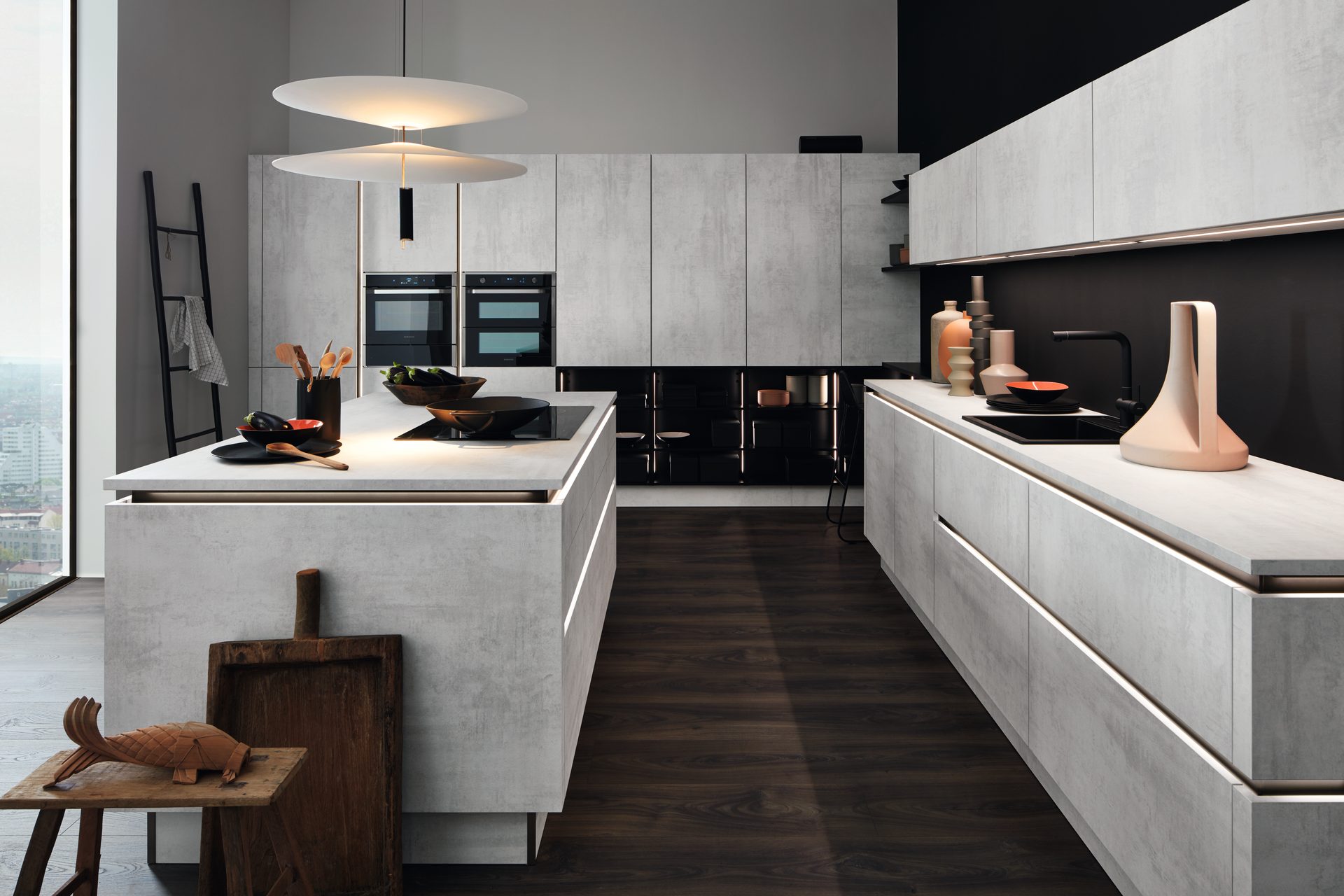 Nolte Küche STONE Beton — moderne Küche mit Kochinsel