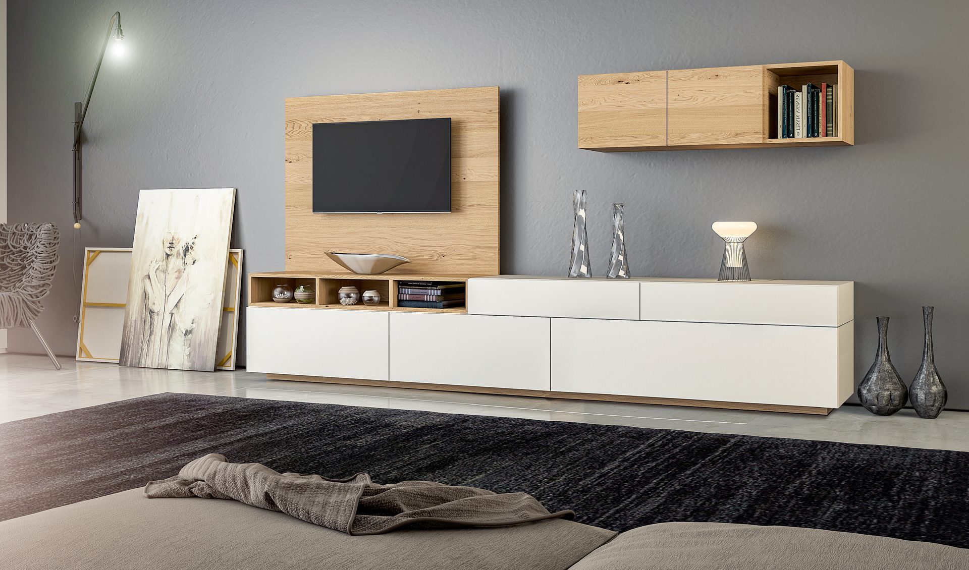 Wohnzimmer mit Lowboard und TV-Wand — Holzdesign Grünwald